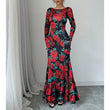 Elegant And Slim-fitting Round Neck Rose Floral Flared Sleeve Bodycon Dress