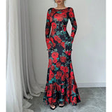 Elegant And Slim-fitting Round Neck Rose Floral Flared Sleeve Bodycon Dress