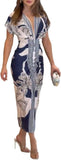 Fashionable Baroque Retro Pattern Long-Sleeve Slim-Fit Deep V-Neck Bodycon Mid-Length Skirt