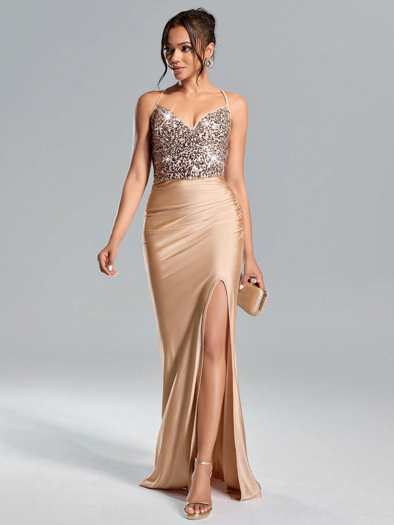 Suspended Backless High Waisted Sequin Patchwork High Slit Long Skirt Dresses Graduation Summer Dress Maxi Women Outfit