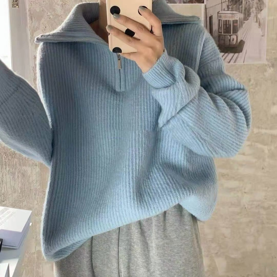 Women's Solid Color Loose Zipper Lapel Stand Up Sweater