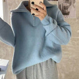 Women's Solid Color Loose Zipper Lapel Stand Up Sweater