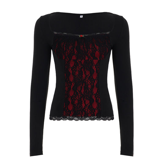 Lace-embellished Long-sleeve Blouse With Ruffled Trim