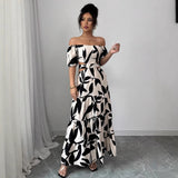 Off-shoulder Sexy Hollow-out Dress Printed Bodycon Dress That Flatters Your Figure And Shows Off Your Waist
