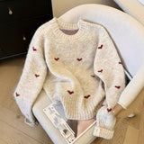 Women's Comfortable Sweater With Heart Pattern Long-Sleeved Crew-Neck Pullover