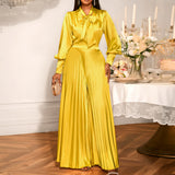 Sexy V-neck Bow Long Sleeve Top Elegant Pleated Wide Leg Trousers Suit