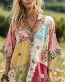 Retro Color-blocked Casual V-neck Mid-sleeve Top