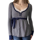 Lace-trimmed Faux Two-piece Striped High-waist Long-sleeve Versatile Top