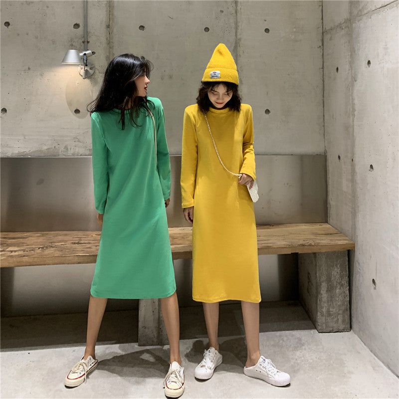 Loose-fitting Figure-flattering Long-sleeved Straight-cut Solid-color Dress