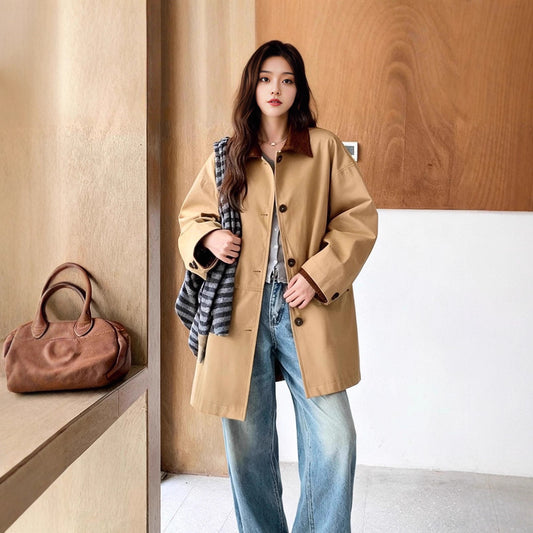 Khaki Long-sleeve Color-block Women's Casual Jacket