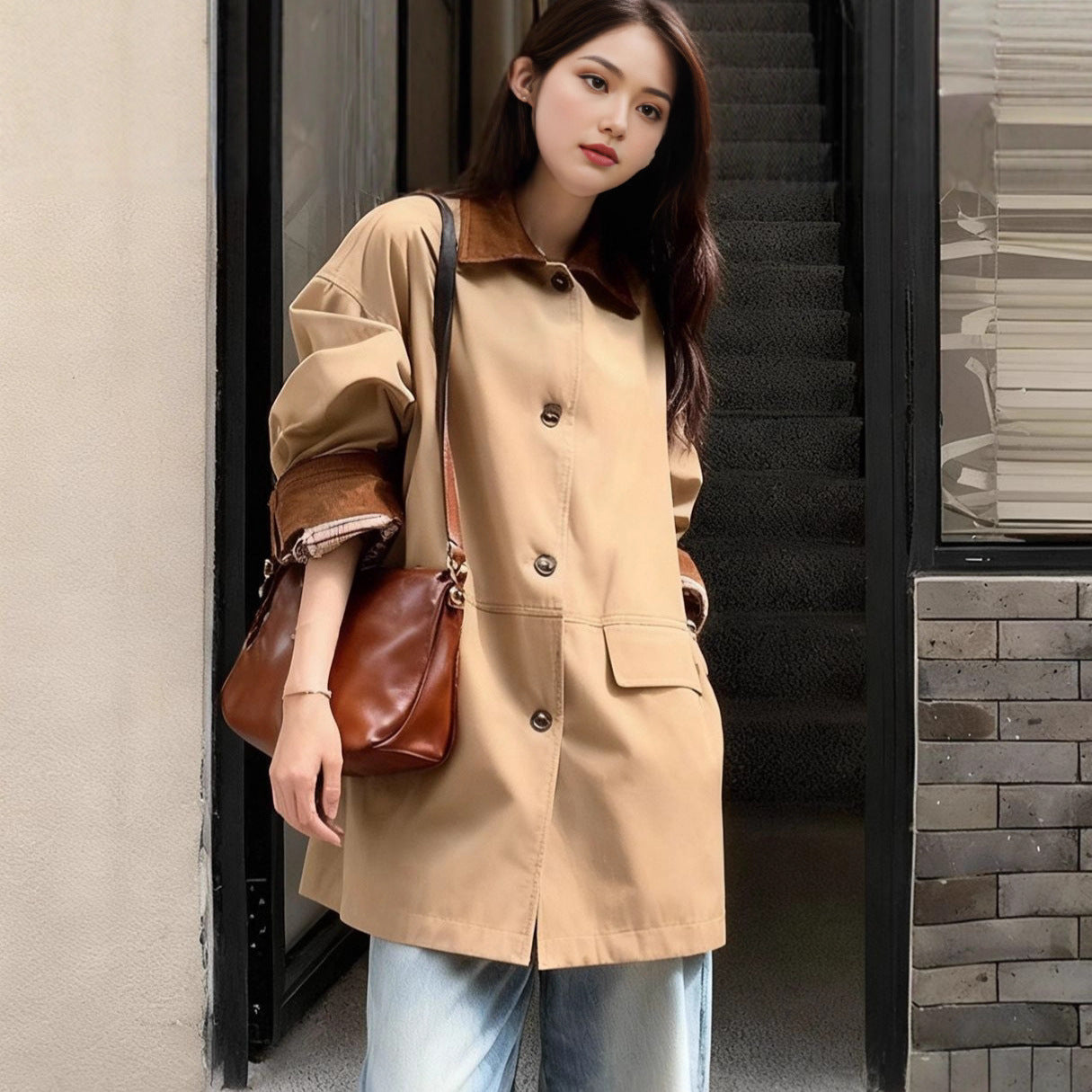 Khaki Long-sleeve Color-block Women's Casual Jacket