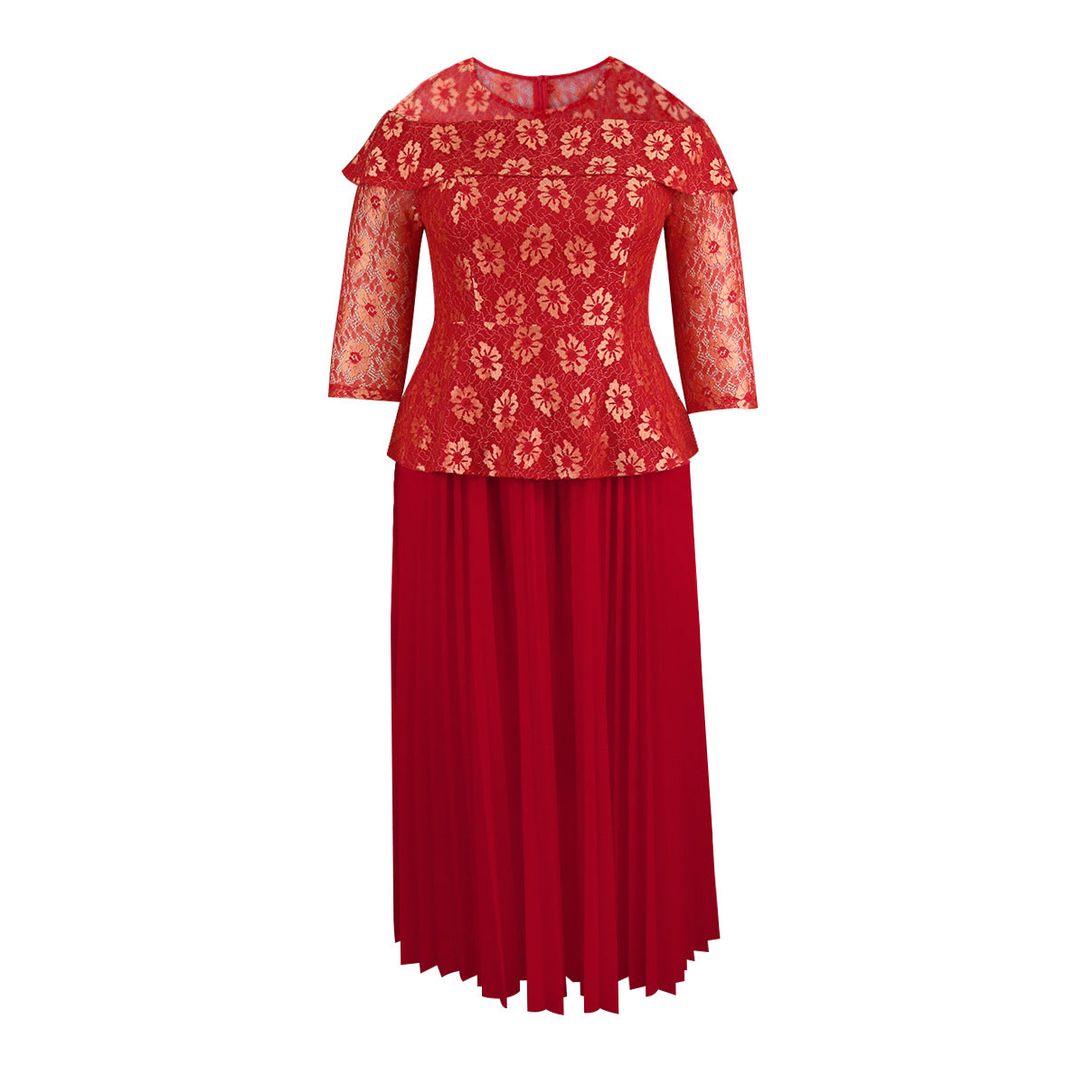 Women's Solid Color Versatile Lace Long Sleeved Pleated Skirt
