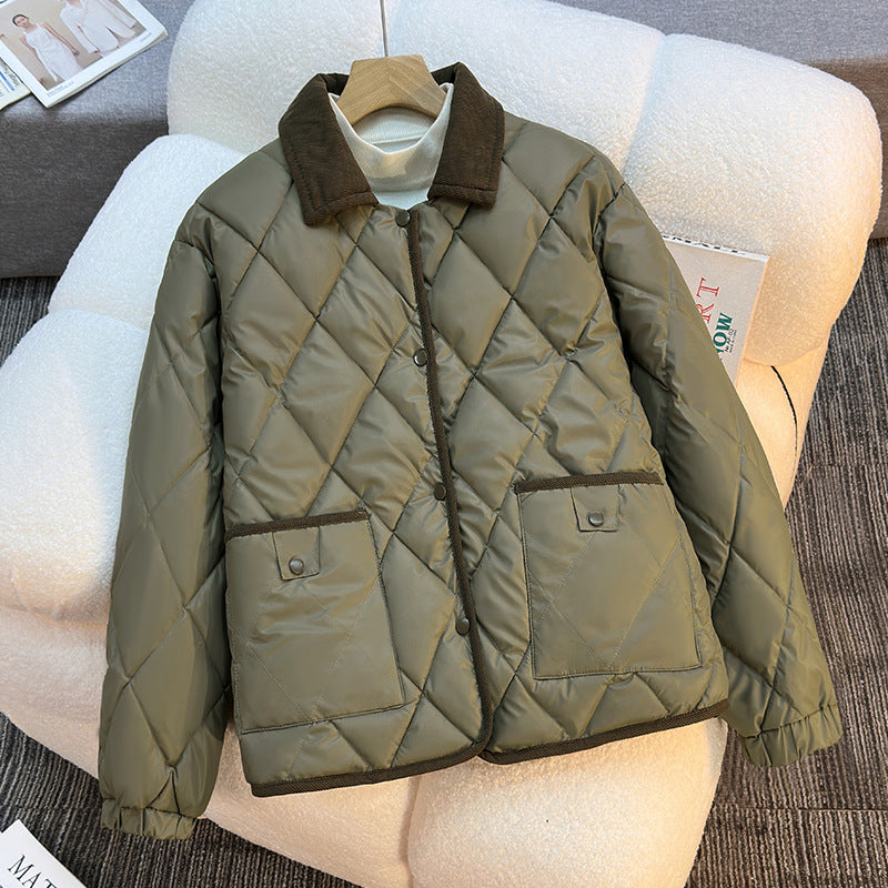 Diamond-patterned Cotton Short Loose Stylish Versatile Cotton Jacket