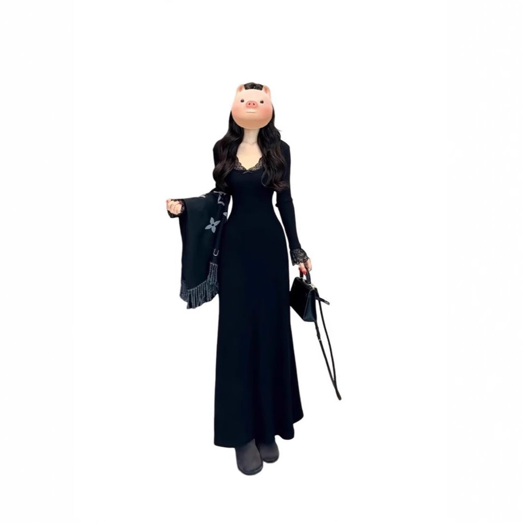 Women's Waist-cinching Figure-flattering Long-sleeve Knit Dress