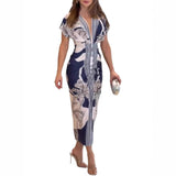 Fashionable Baroque Retro Pattern Long-Sleeve Slim-Fit Deep V-Neck Bodycon Mid-Length Skirt