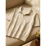 Women's Polo-Neck Diamond-Knit Short-Sleeve Pullover