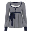 Lace-trimmed Faux Two-piece Striped High-waist Long-sleeve Versatile Top