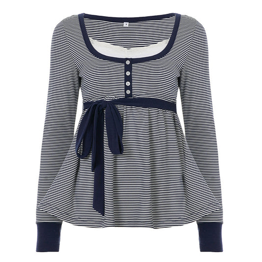 Lace-trimmed Faux Two-piece Striped High-waist Long-sleeve Versatile Top