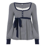 Lace-trimmed Faux Two-piece Striped High-waist Long-sleeve Versatile Top